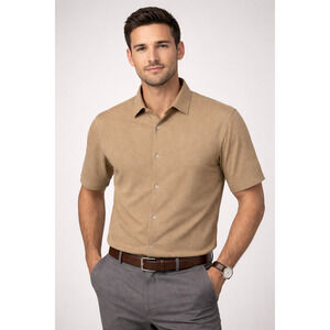 Fleece Factory Men’s Tan‎ Textured Short Sleeve Button-Up Shirt Stretch M